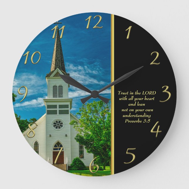 Proverbs 3:5 White Church  Large Clock (Front)