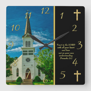 Proverbs 3:5 White Church  Square Wall Clock