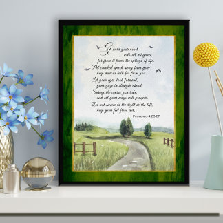 Proverbs 4 Bible Text Watercolor Landscape Canvas Poster