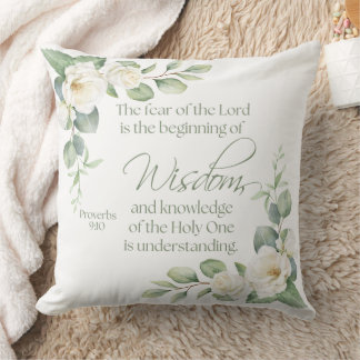 Proverbs 9:10 Eucalyptus White Roses Sage Green Throw Pillow