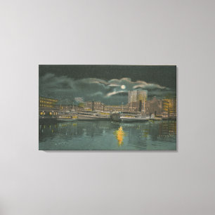 Providence, RI - Night View of City & Waterfront Canvas Print