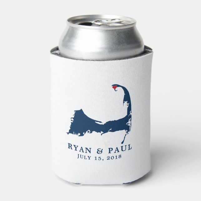 Provincetown Cape Cod Map Blue and Red Heart Can Cooler (Can Front)
