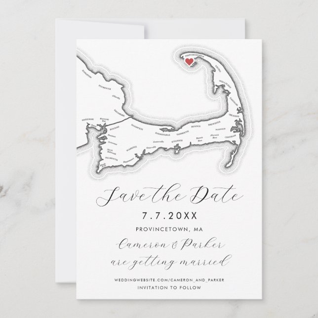 Provincetown MA Cape Cod Map Black White Wedding Save The Date (Front)