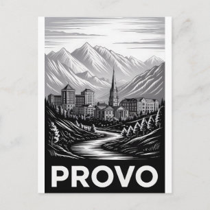 Provo Utah Skyline Black White Woodcut Holiday Postcard