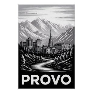 Provo Utah Skyline Black White Woodcut Poster