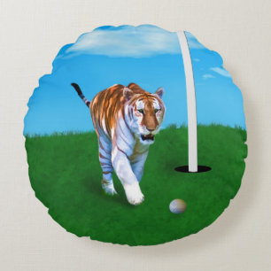 Prowling Tiger and Golf Ball Customizable Round Pillow