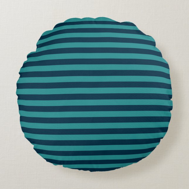 Prussian Blue and Teal Stripes Round Pillow (Front)