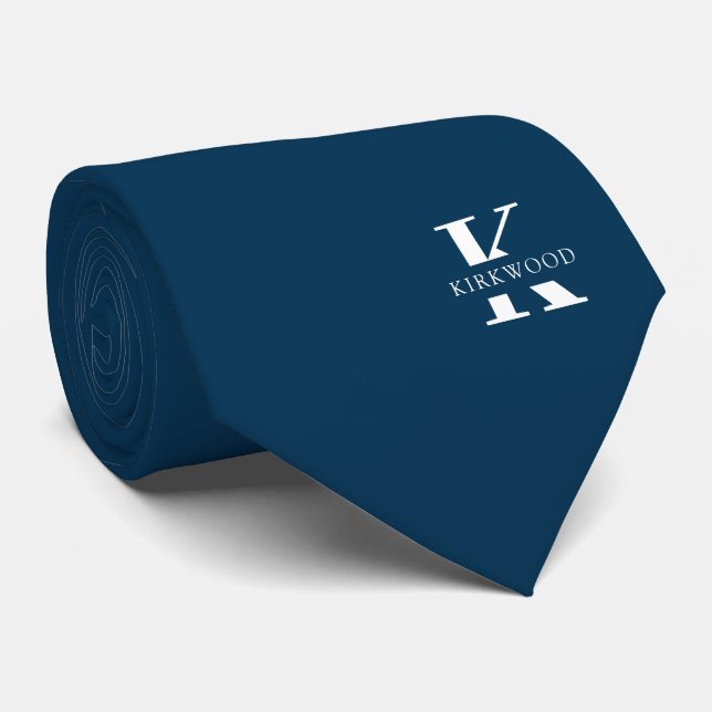 Prussian Blue Elegant Monogram + Name | Two-Sided Tie (Rolled)