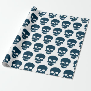 Prussian Blue on White Skulls Wrapping Paper