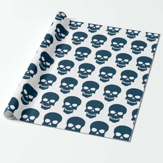 Prussian Blue on White Skulls Wrapping Paper (Unrolled)