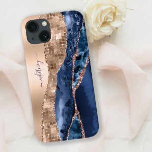 Prussian Blue & Rose Gold Glitter Agate Marble iPhone 13 Case