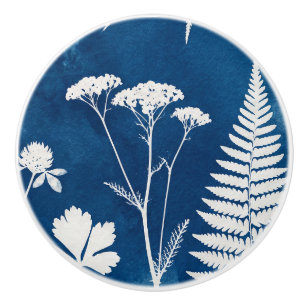 Prussian Indigo Blue Cyanotype Fern Botanical Art Ceramic Knob