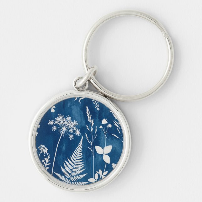 Prussian Indigo Blue Cyanotype Fern Botanical Art Keychain (Front)