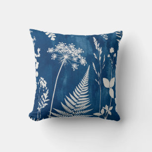 Prussian Indigo Blue Cyanotype Fern Botanical Art Throw Pillow