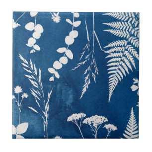 Prussian Indigo Blue Cyanotype Fern Botanical Art Tile