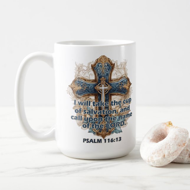 Psalm 116:13 Inspirational Bible Verse Coffee Mug (With Donut)