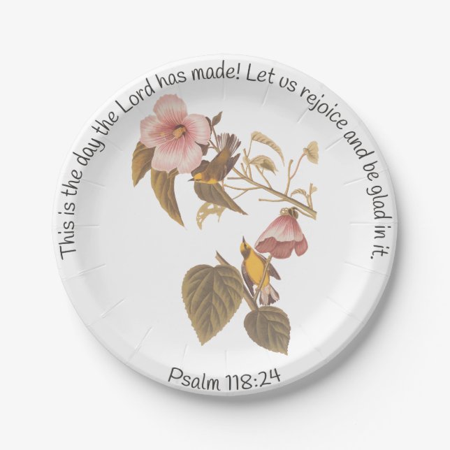Psalm 118:24 and Blue Winged Yellow Warbler Bird Paper Plate (Front)