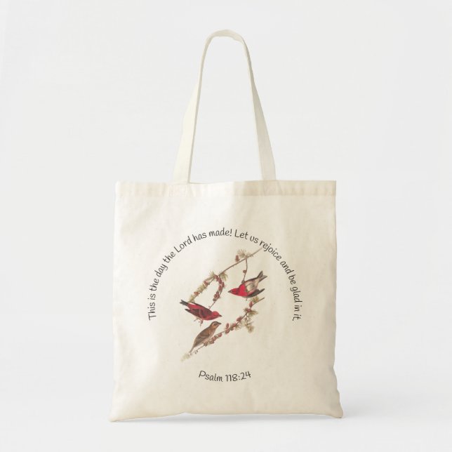 Psalm 118:24 and Three Red Birds Tote Bag (Front)