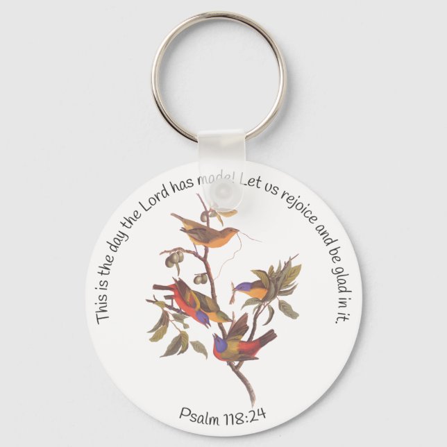 Psalm 118:24 Bible Verse and Painted Bunting Birds Keychain (Front)