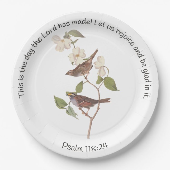 Psalm 118:24 Bible Verse and Sparrow Pair Paper Plate (Front)