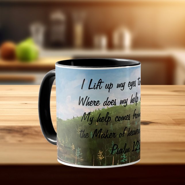 Psalm 121:1  HandPainted Original Art Mug (Scripture mug with painting print as background)