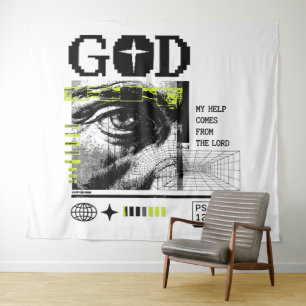Psalm 121:2 Neon Lime Eye Of God CRT Glitch Art Tapestry
