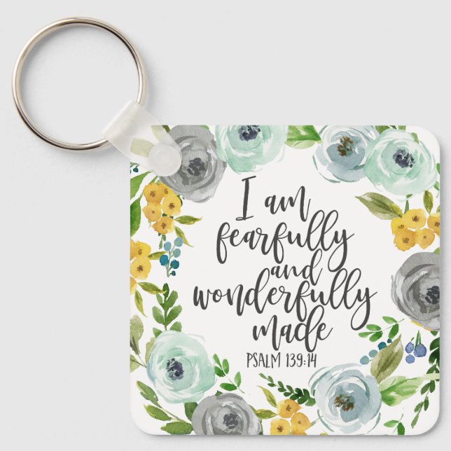 Psalm 139:14 Fearfully and Wonderfully Made floral Keychain (Front)