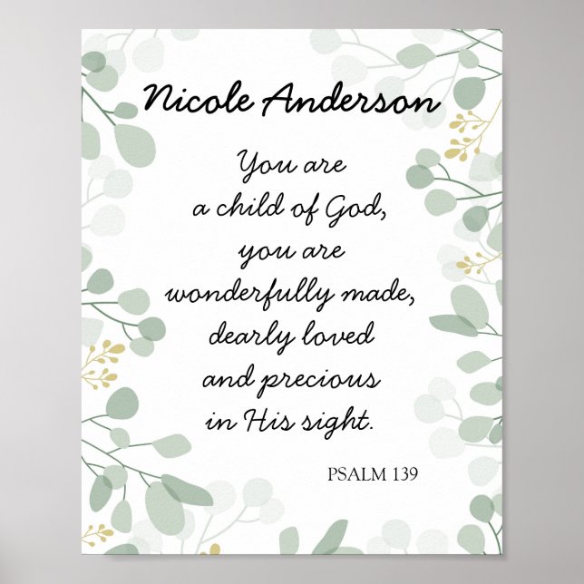 Psalm 139 Child of God Bible Verse Name Poster (Front)
