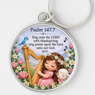 Psalm 147:7 Christian Harp Music Floral Keychain