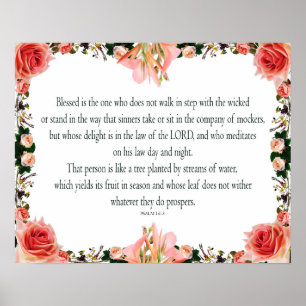 Psalm 1 Art - Blessed Righteous with Floral Design Poster