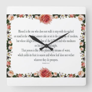 Psalm 1, Flower Border Design, Yields in Season, Square Wall Clock