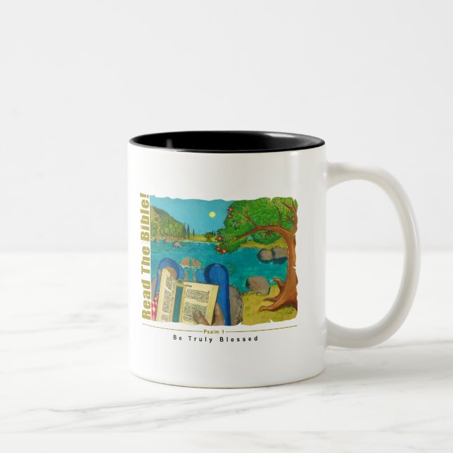 Psalm 1 - Man reads Psalm 1 in Hebrew Bible Two-Tone Coffee Mug (Right)