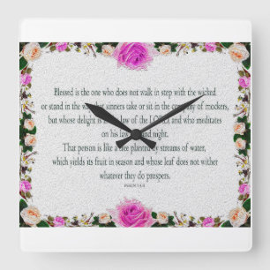 Psalm 1, Oil Painting effect Purple Floral Square Wall Clock