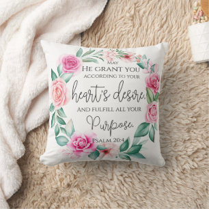 Psalm 20:4 Christian Bible Verse Pink Floral Throw Pillow