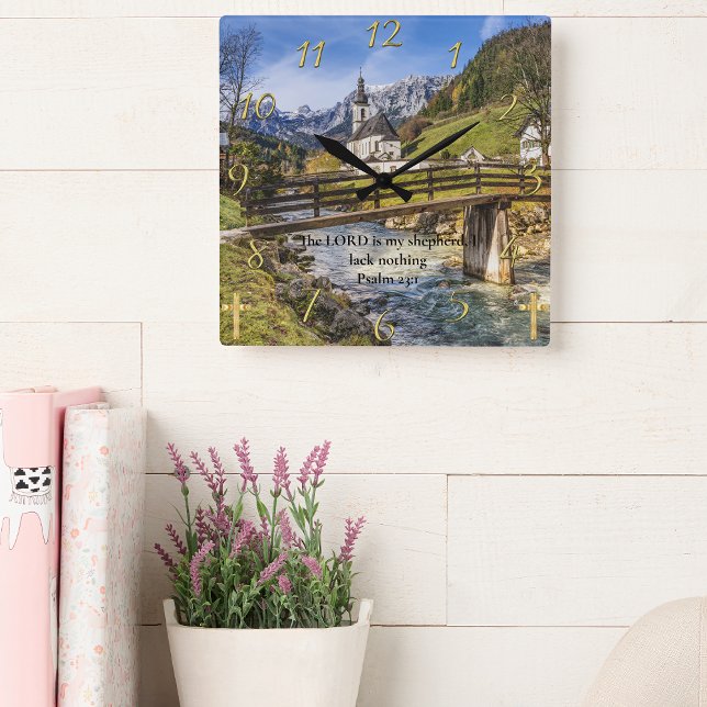 Psalm 23:1 church near the moutain with river  square wall clock (Creator Uploaded)