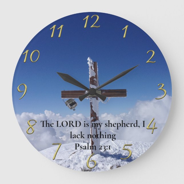 Psalm 23:1 moutain peak cross   large clock (Front)