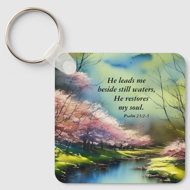 Psalm 23:2-3 He restores my soul Bible Verse Keychain (Front)