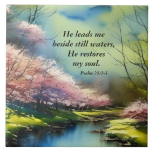 Psalm 23:2-3 He restores my soul Bible Verse Tile
