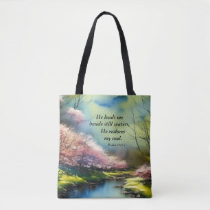 Psalm 23:2-3 He restores my soul Bible Verse Tote Bag
