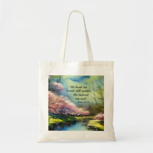 Psalm 23:2-3 He restores my soul Bible Verse Tote Bag