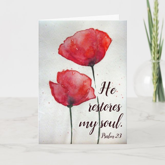 Psalm 23:3 He restores my soul, Bible Verse Floral Card (Front)