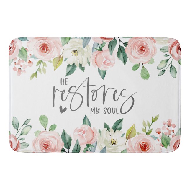 Psalm 23:3 He Restores my Soul Bible Verse & Roses Bath Mat (Front)