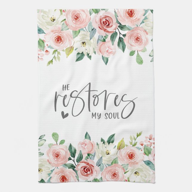 Psalm 23:3 He Restores my Soul Bible Verse & Roses Kitchen Towel (Vertical)