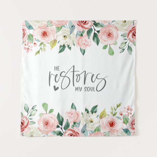 Psalm 23:3 He Restores my Soul Bible Verse & Roses Tapestry (Front)