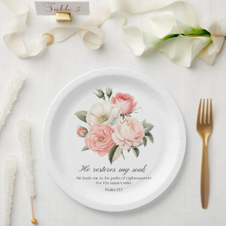 Psalm 23:3 He Restores my Soul Flowers Paper Plate
