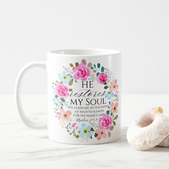 Psalm 23:3 - He restores my soul Pink Floral Bible Coffee Mug (With Donut)