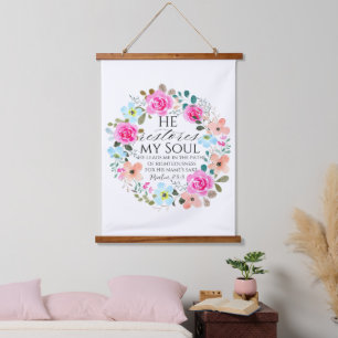 Psalm 23:3 - He restores my soul Pink Floral Bible Hanging Tapestry