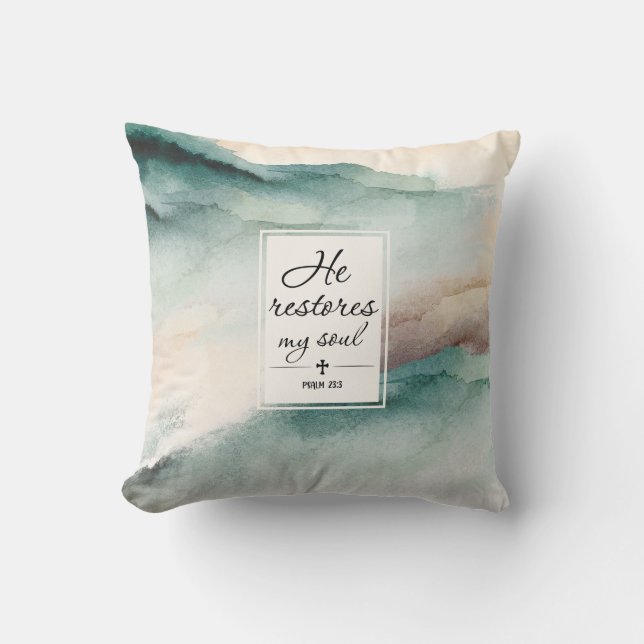 Psalm 23"4 He Restores My Soul Cross Throw Pillow (Front)