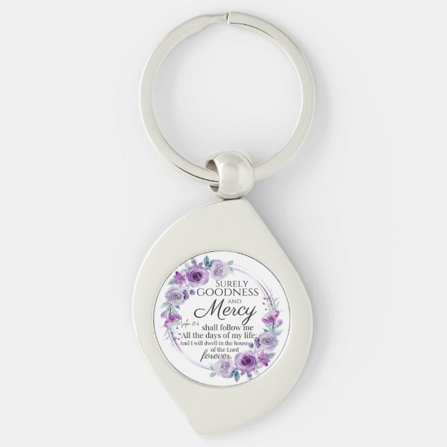 Psalm 23:6 Inspirational Bible Verse Purple Floral Keychain (Front)