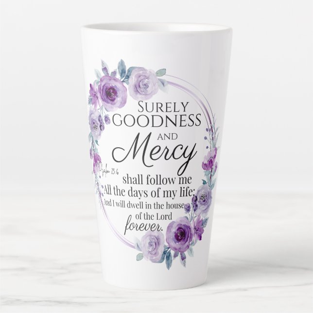 Psalm 23:6 Inspirational Bible Verse Purple Floral Latte Mug (Front)